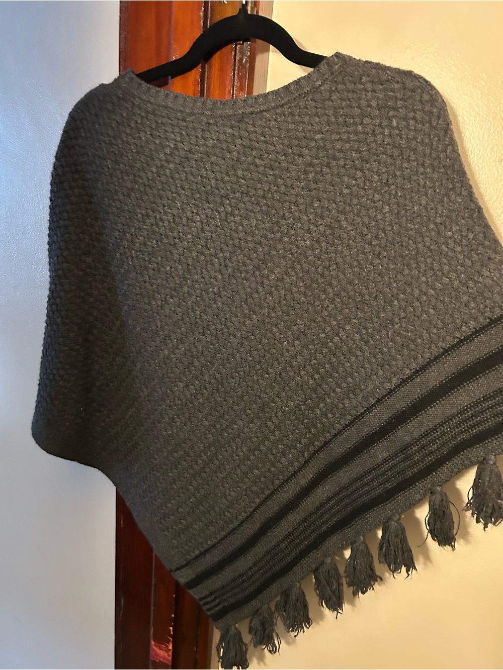 Style & Co Cozy Textured Knit Poncho with Tassel Trim - Charcoal Gray